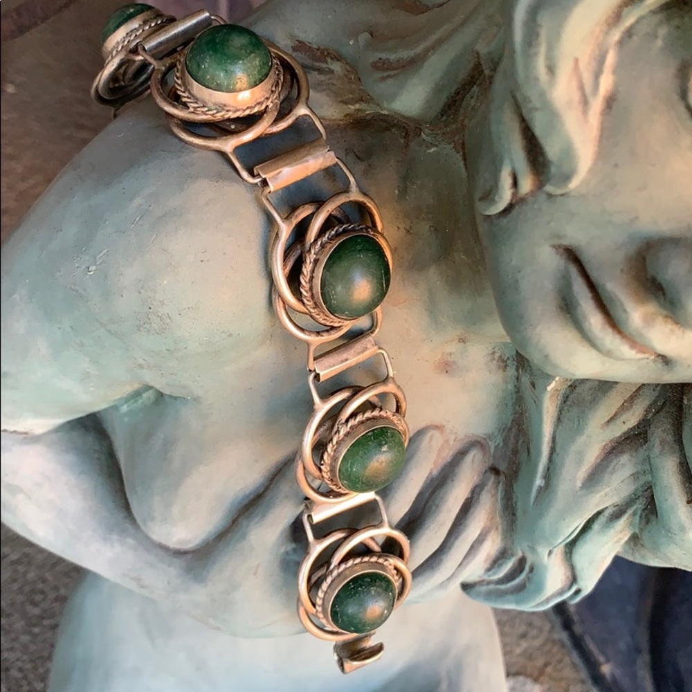 Gorgeous Vintage Mexican Green Jasper Silver Bracelet